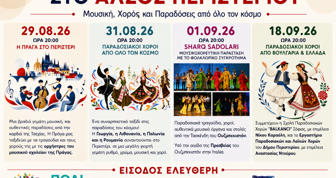 Διεθνές Φεστιβάλ στο Άλσος Περιστερίου Μουσική, Χορός και Παραδόσεις από όλο τον κόσμο, εκδηλώσεις, Περιστέρι, πολιτιστικά