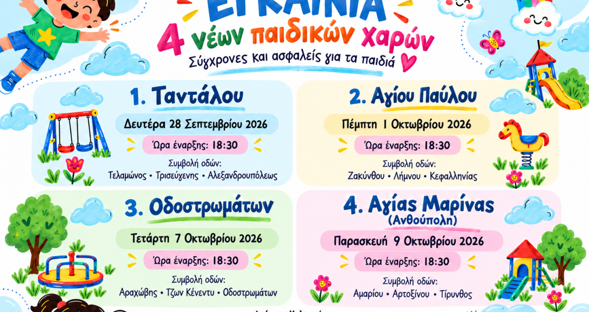 Εγκαίνια τεσσάρων νέων, σύγχρονων και ασφαλών παιδικών χαρών στον Δήμο Περιστερίου