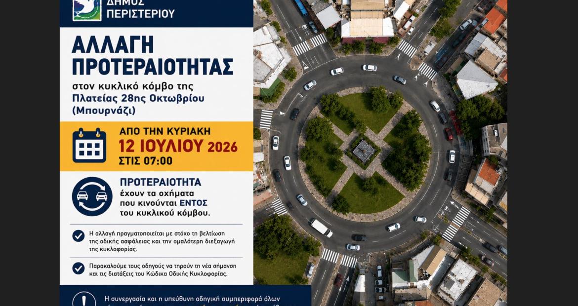 Αλλαγή προτεραιότητας στον κυκλικό κόμβο της Πλατείας 28ης Οκτωβρίου (Μπουρνάζι)