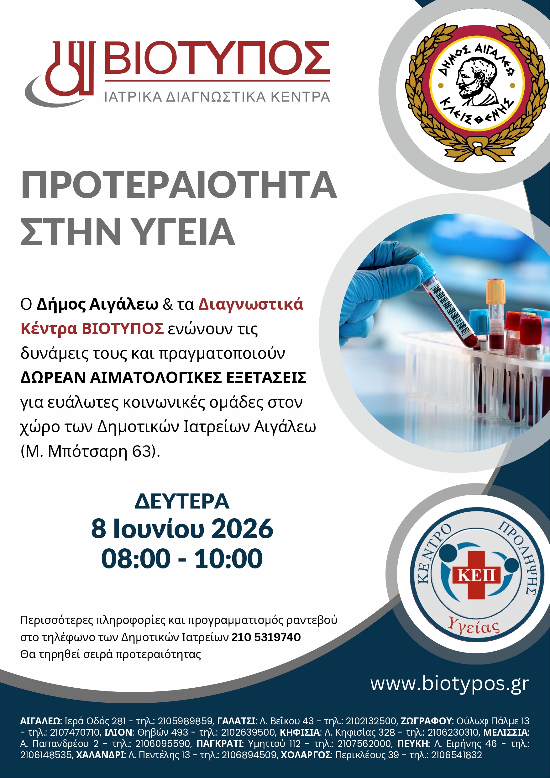 Δωρεάν αιματολογικός έλεγχος στα Δημοτικά Ιατρεία σε συνεργασία με τα Διαγνωστικά Κέντρα ΒΙΟΤΥΠΟΣ, Αιγάλεω, δυτικά 